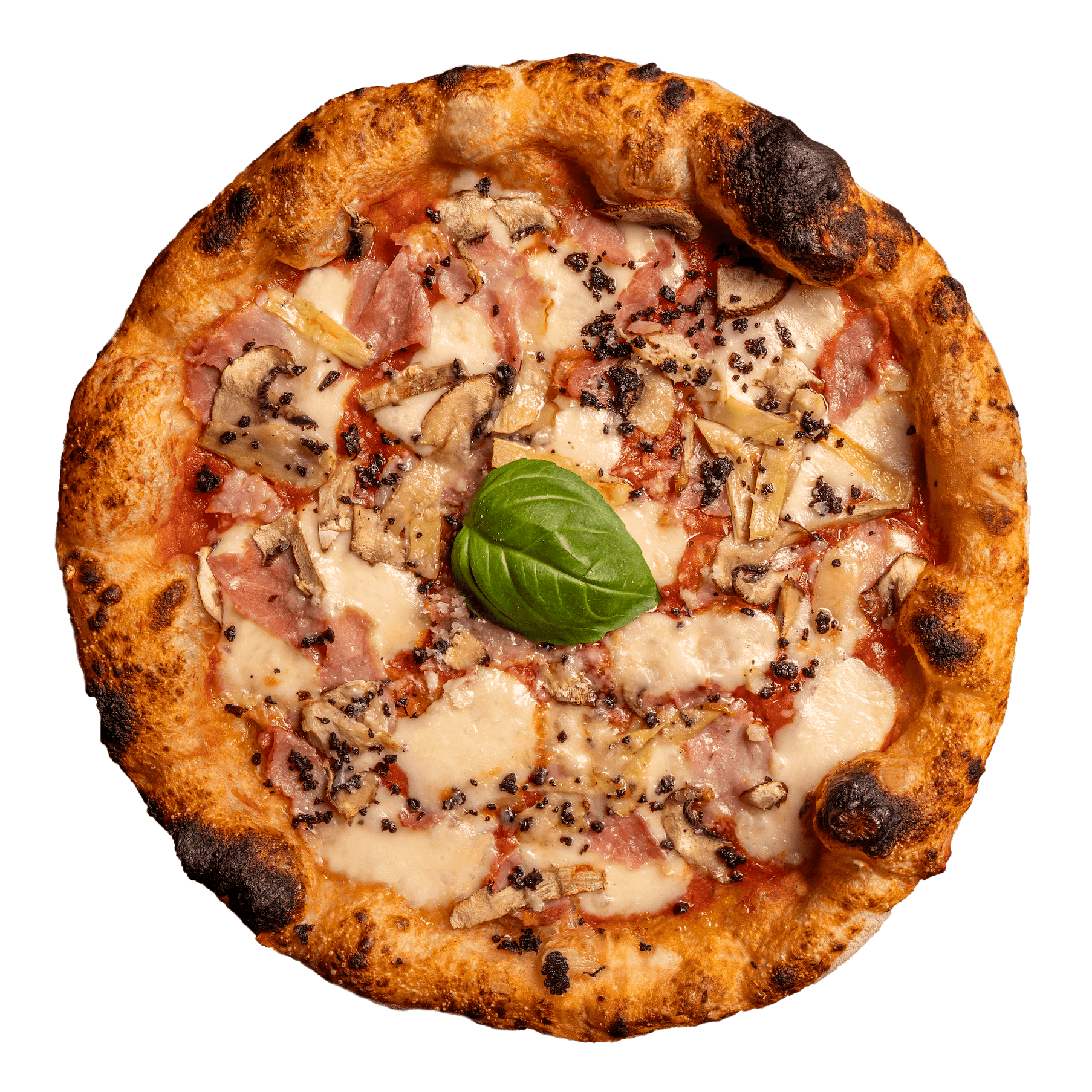 Pizza Capricciosa mit Schinken, Champignons und Mozzarella