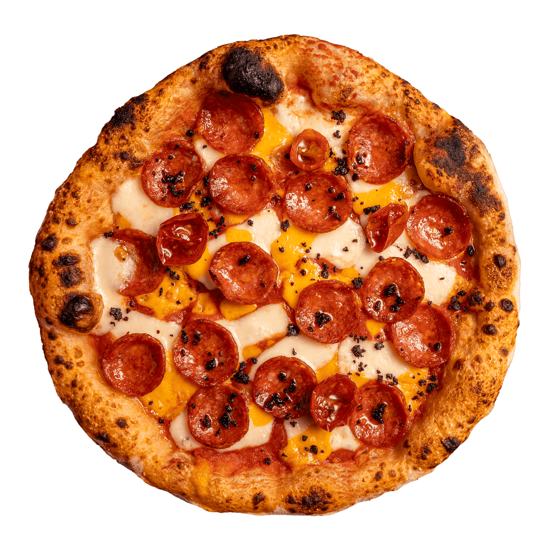 Pizza Piccante mit würziger Salami, Peperoni und Cheddar